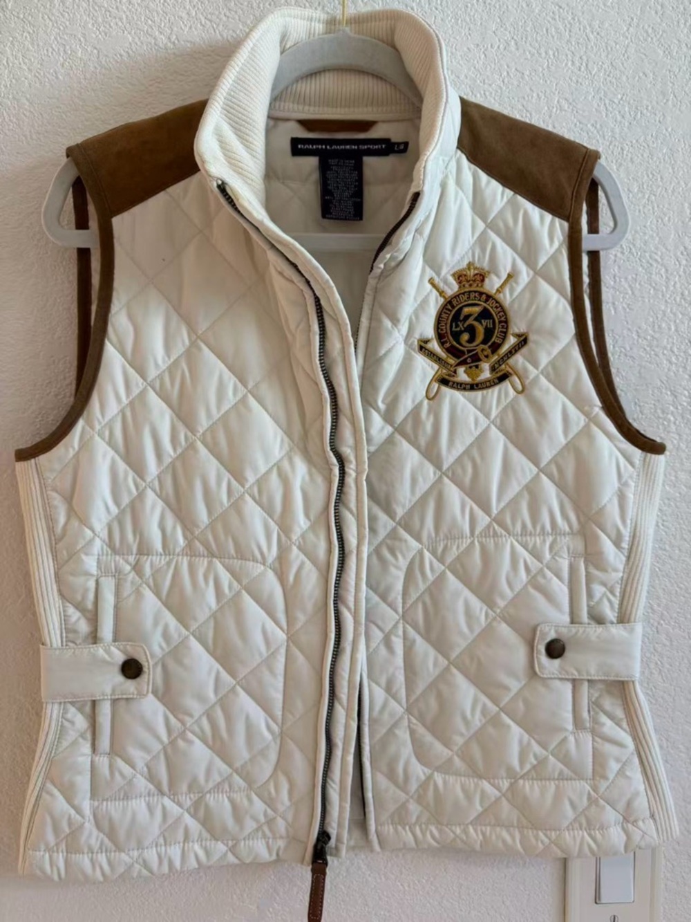 Ralph Lauren White Quilted Vest with Brown Shoulder Accents
